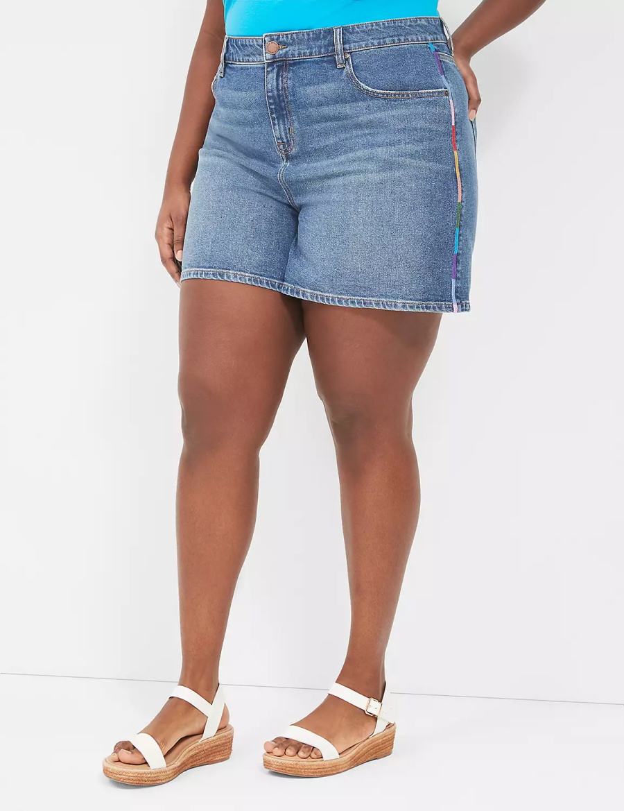 Lane Bryant Pride Boyfriend Fit Jean With Embroidery Women Shorts Blue | VZI9329KV