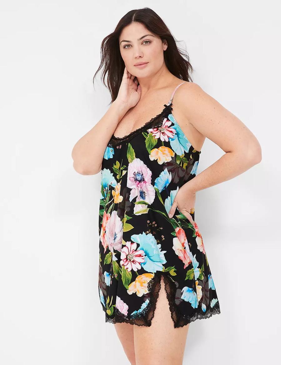 Lane Bryant Printed Lace-Trim Slip Women Dress Black | RWG4170KP