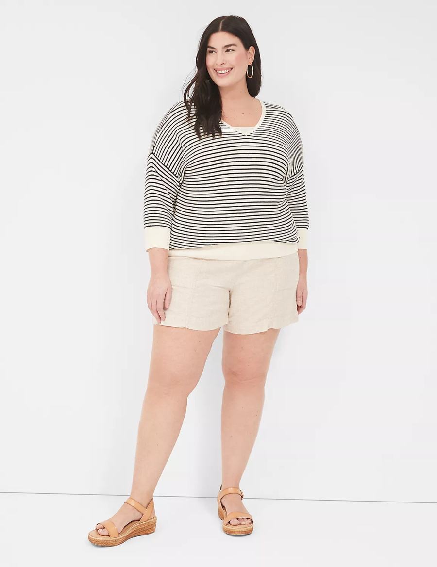 Lane Bryant Pull-On Linen Stripe Women Shorts Beige Stripes | IIL4962QD