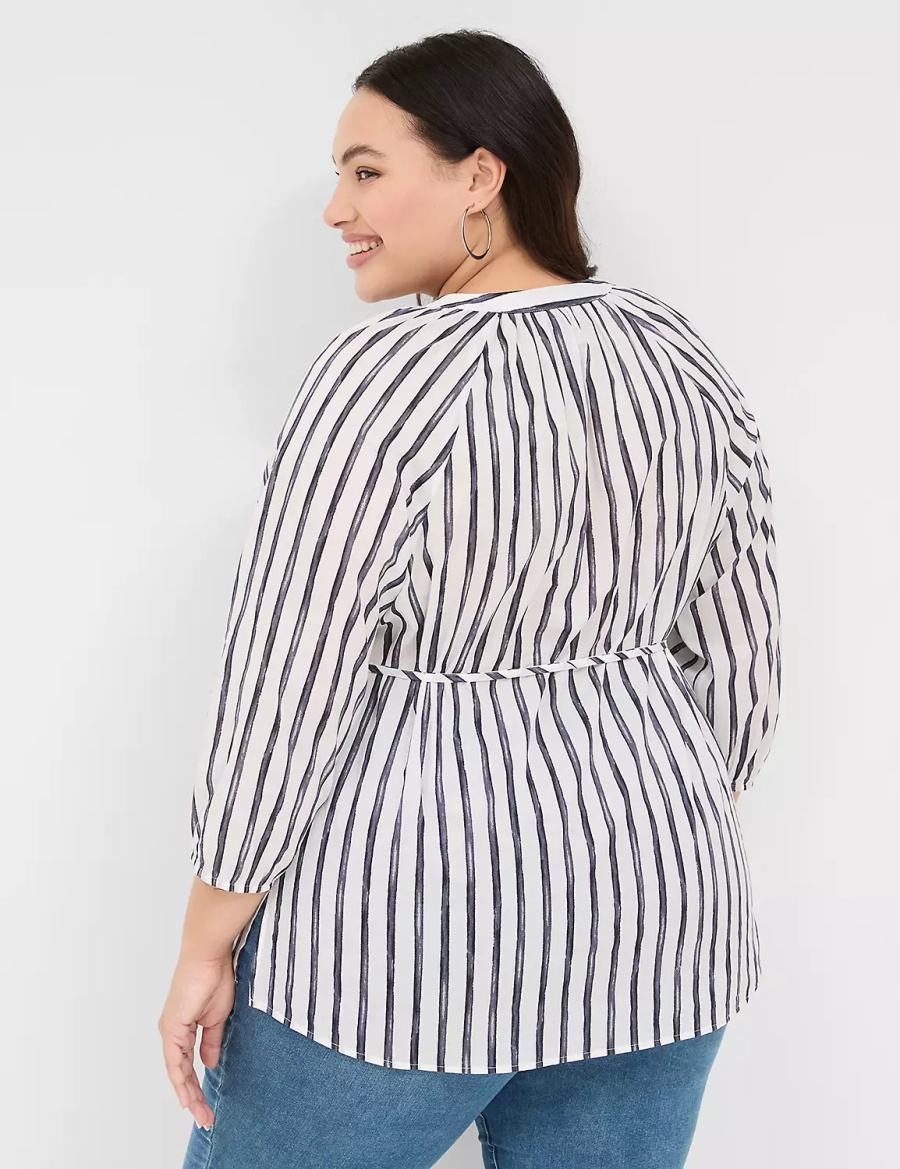 Lane Bryant Relaxed 3/4-Sleeve Button-Front Tunic Women Shirts Navy Stripes | XRS4793WK