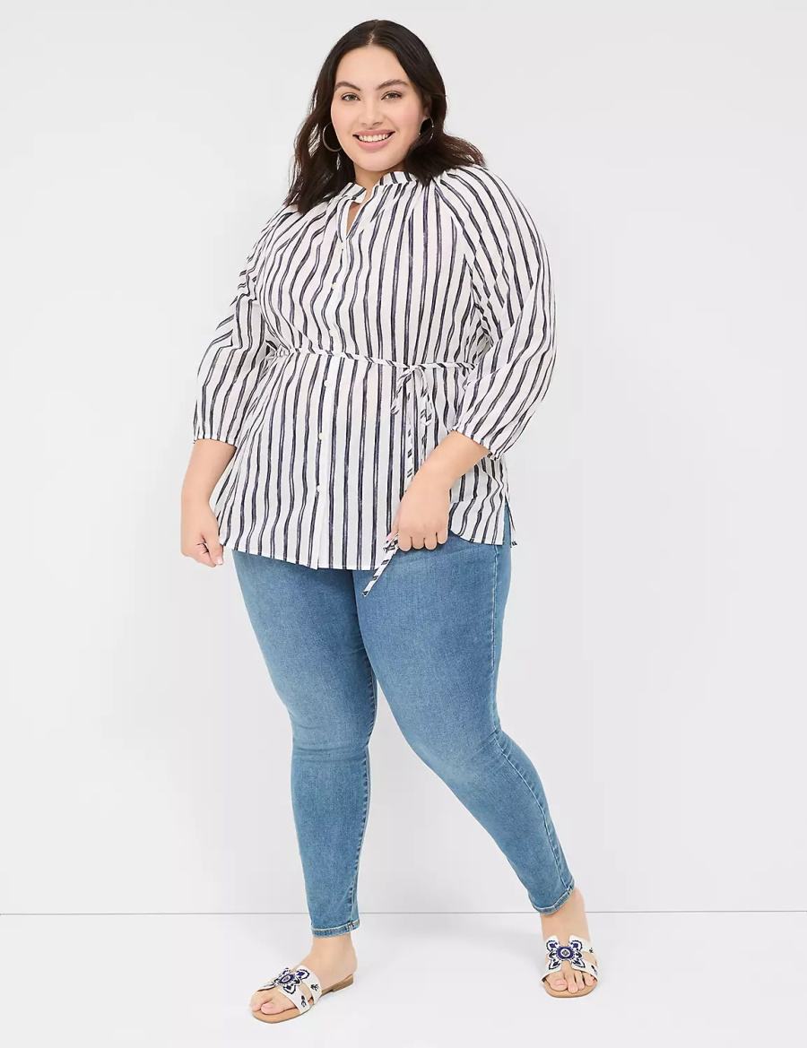 Lane Bryant Relaxed 3/4-Sleeve Button-Front Tunic Women Shirts Navy Stripes | XRS4793WK