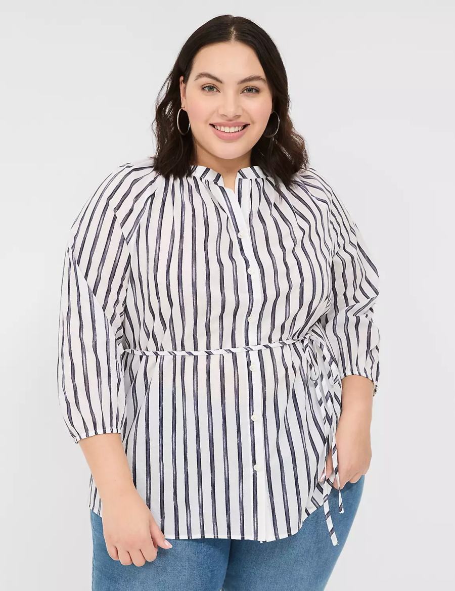 Lane Bryant Relaxed 3/4-Sleeve Button-Front Tunic Women Shirts Navy Stripes | XRS4793WK