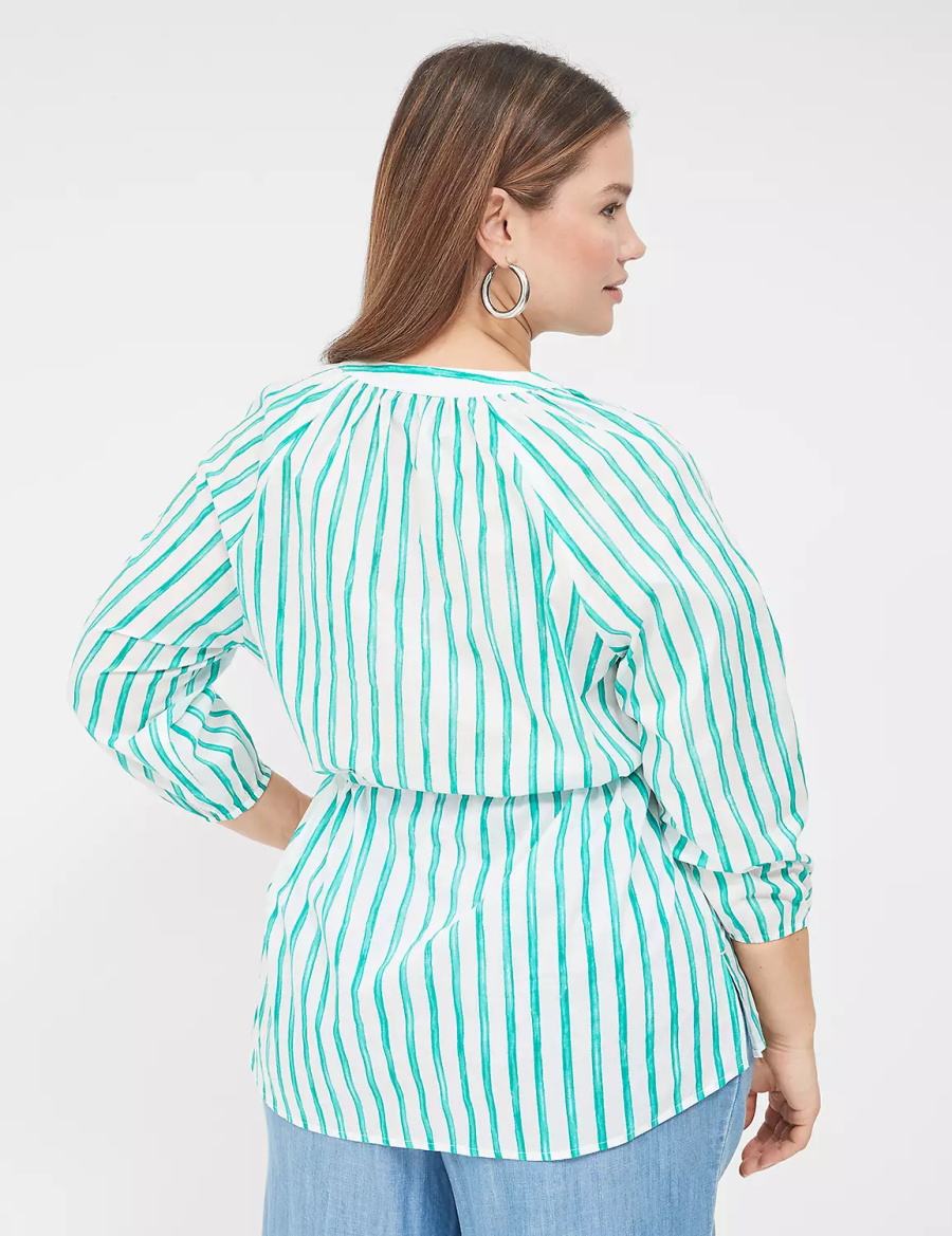 Lane Bryant Relaxed 3/4-Sleeve Button-Front Tunic Women Shirts Green Stripes | OIQ4225MK