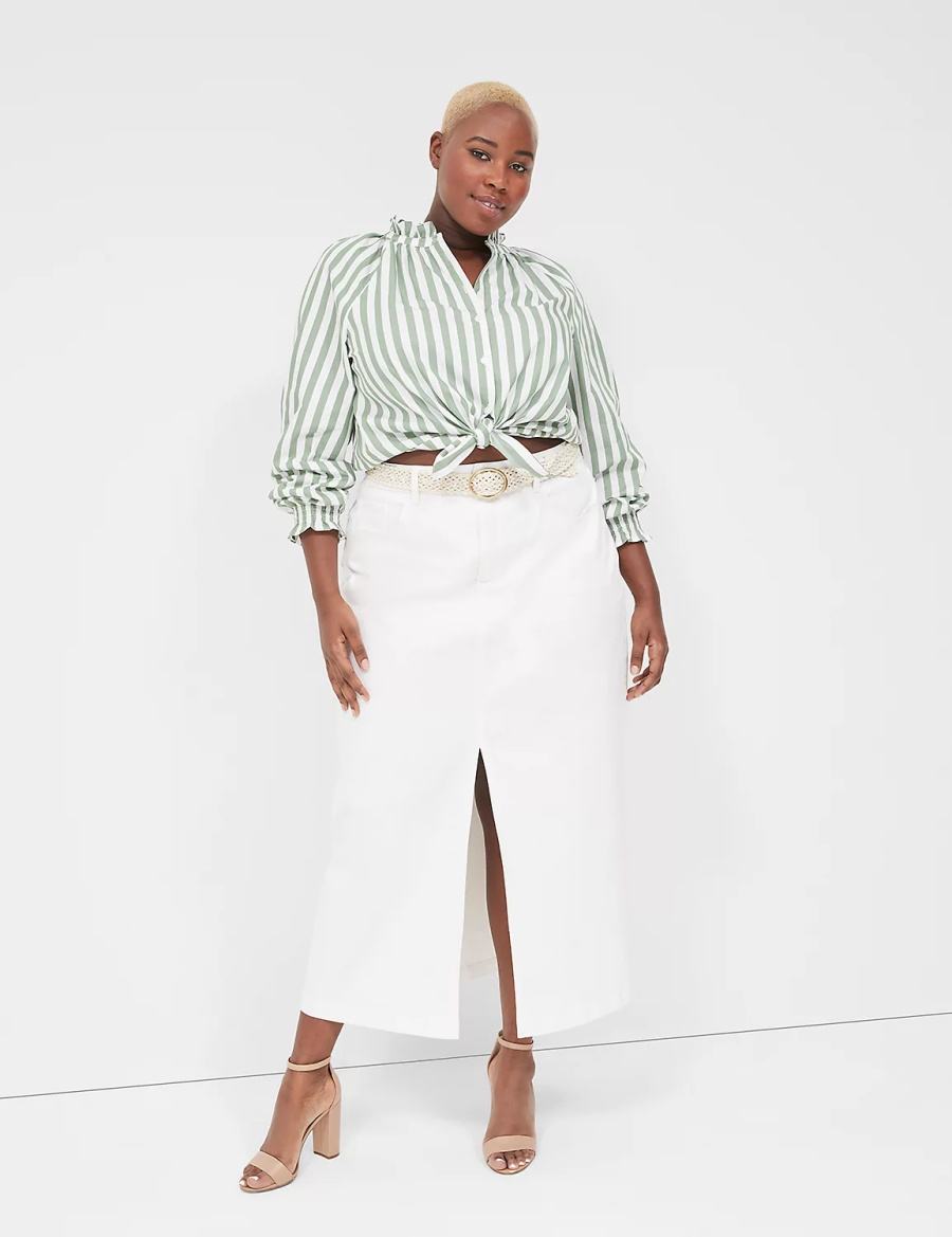 Lane Bryant Relaxed Button-Front Women Blouse Green Stripes | IXS6264ZN