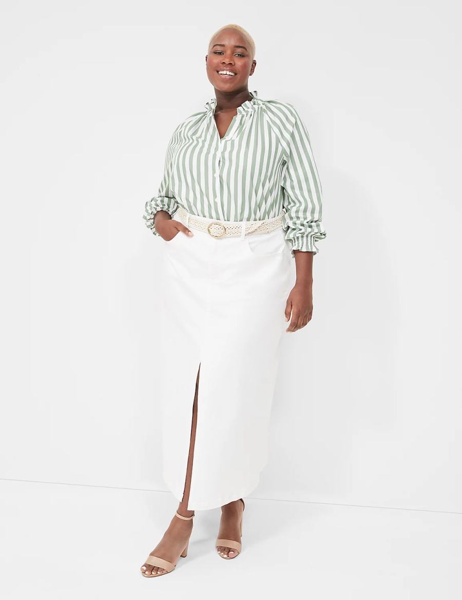 Lane Bryant Relaxed Button-Front Women Blouse Green Stripes | IXS6264ZN