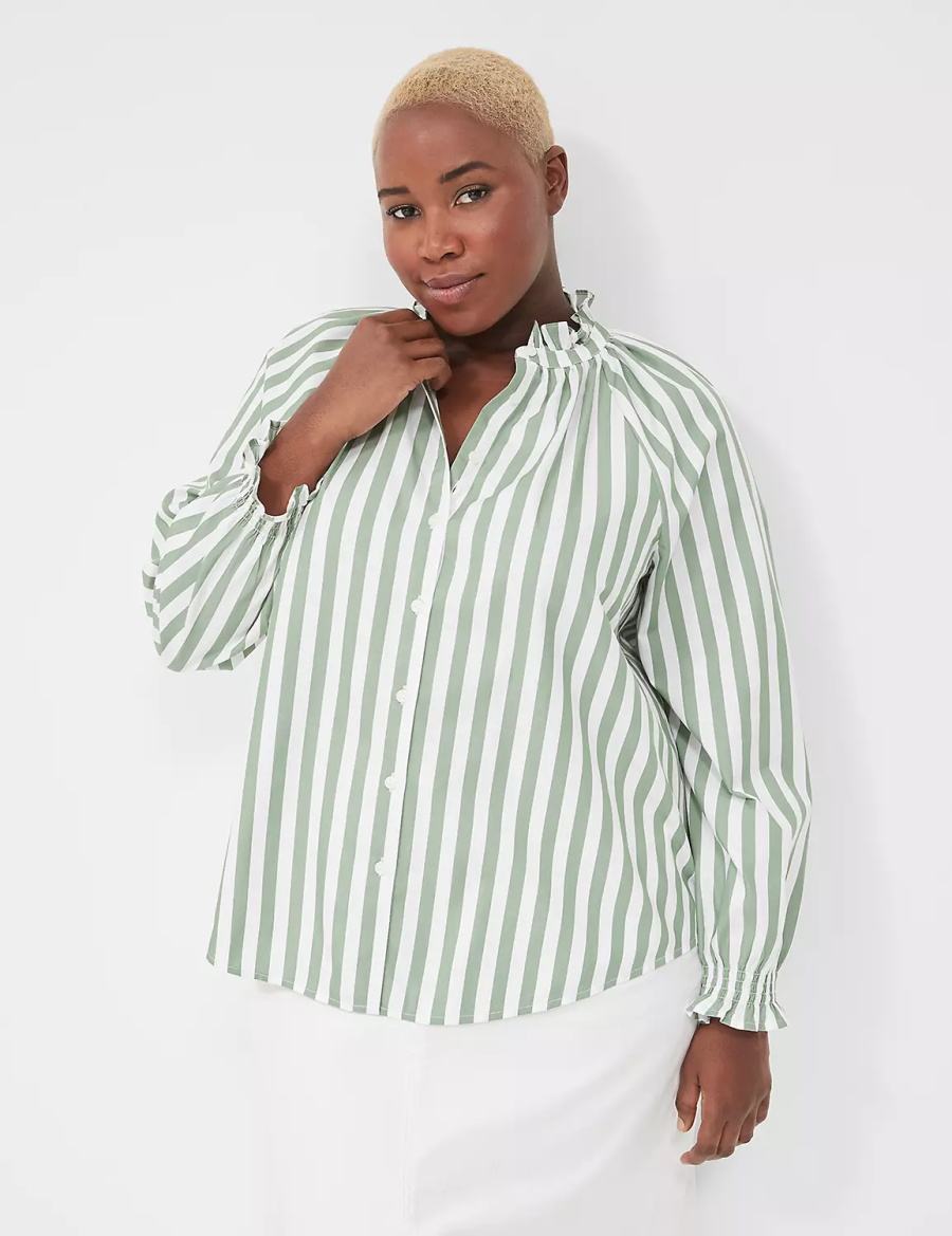 Lane Bryant Relaxed Button-Front Women Blouse Green Stripes | IXS6264ZN