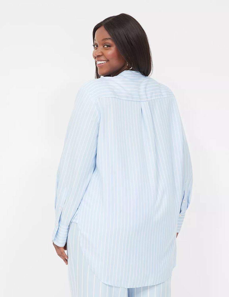 Lane Bryant Relaxed Collar Button-Down Women Shirts Light Blue Stripes | BWT1180NB