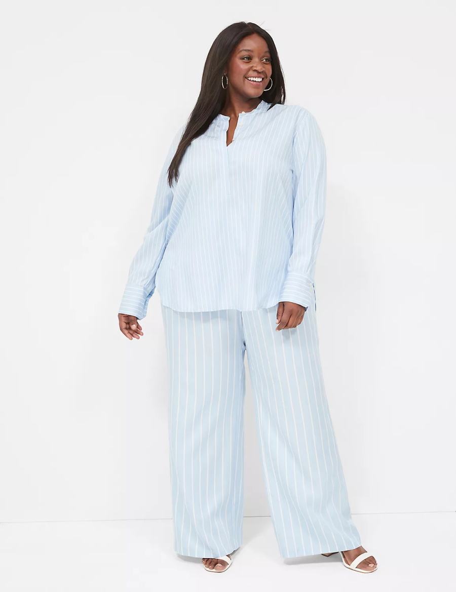 Lane Bryant Relaxed Collar Button-Down Women Shirts Light Blue Stripes | BWT1180NB