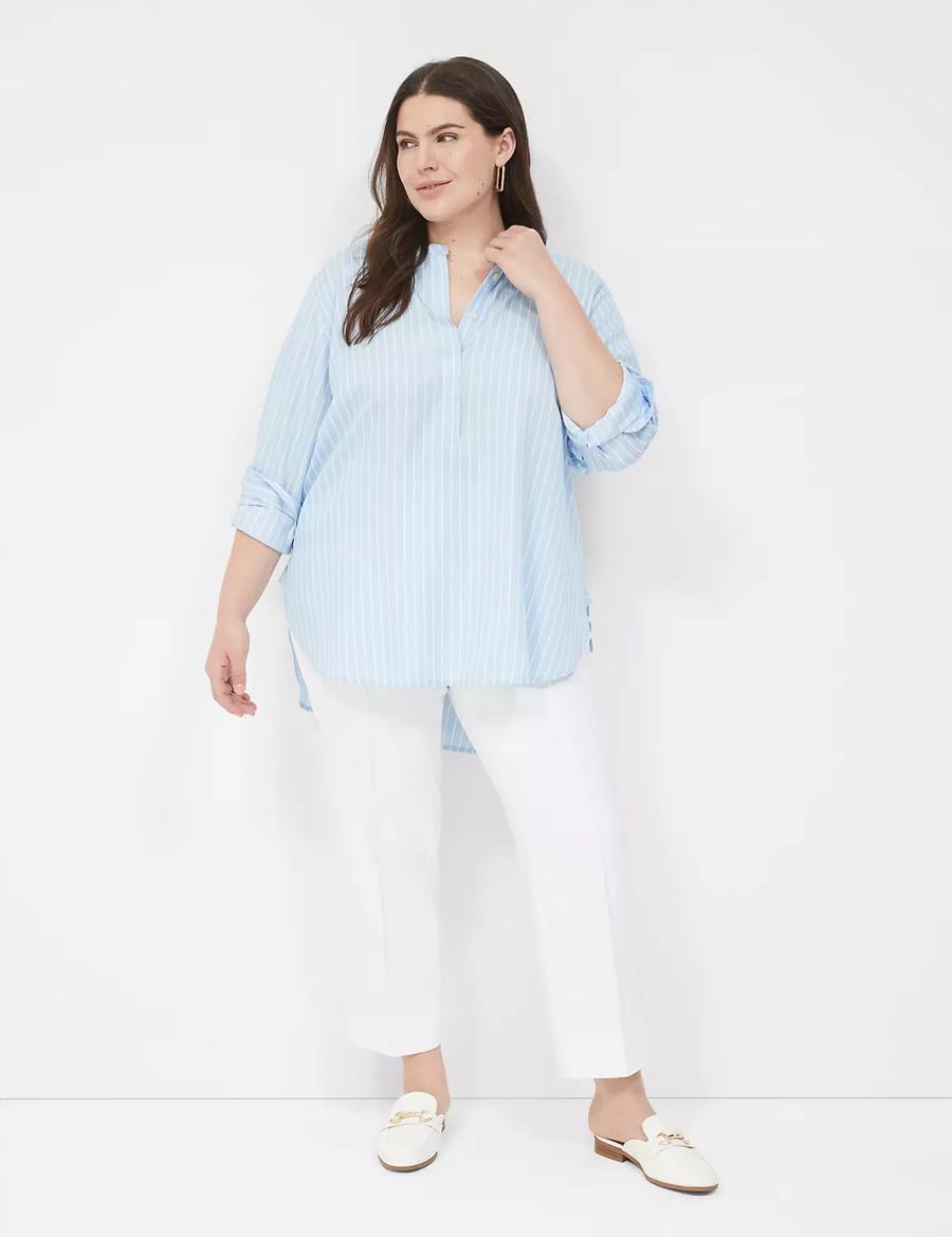 Lane Bryant Relaxed Collar Button-Down Women Shirts Light Blue Stripes | BWT1180NB