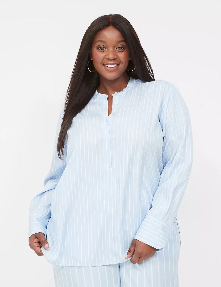 Lane Bryant Relaxed Collar Button-Down Women Shirts Light Blue Stripes | BWT1180NB