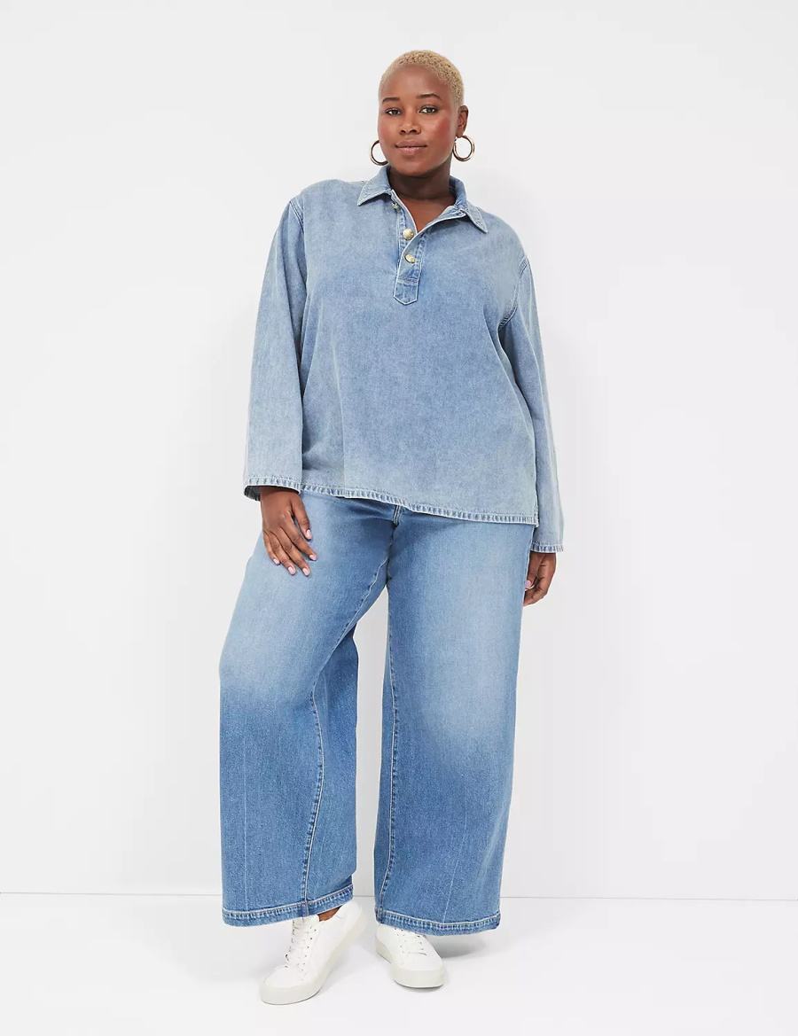 Lane Bryant Relaxed Collared Denim Popover Women Shirts Light Blue | WUG1733QB