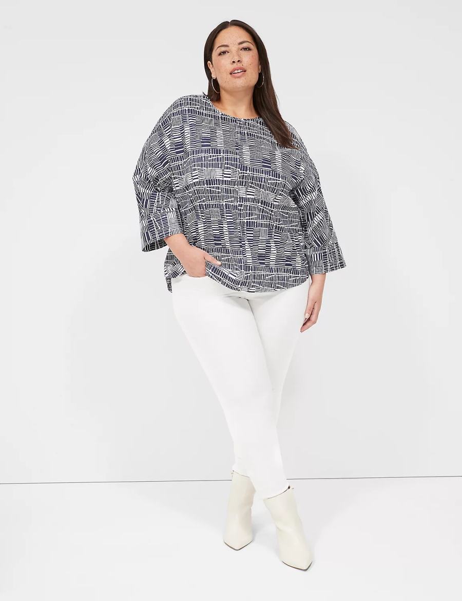 Lane Bryant Relaxed Crew-Neck Popover Top Women Blouse Navy White | LWH6462YJ