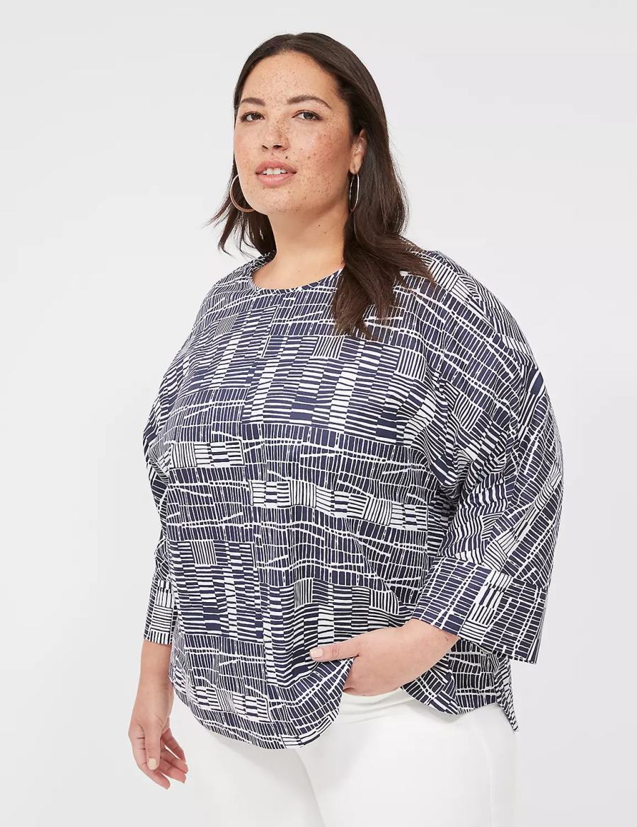 Lane Bryant Relaxed Crew-Neck Popover Top Women Blouse Navy White | LWH6462YJ