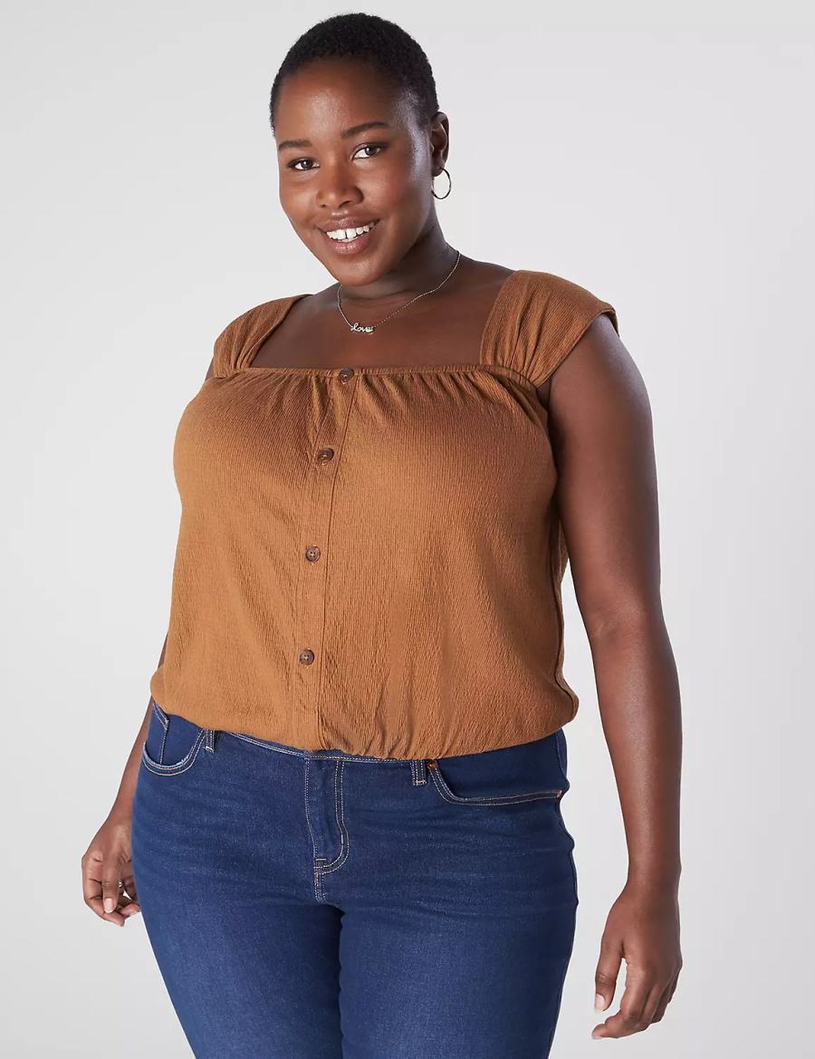 Lane Bryant Relaxed Crop Cap-Sleeve Square-Neck Top Women T Shirts Brown | HZS5535OS