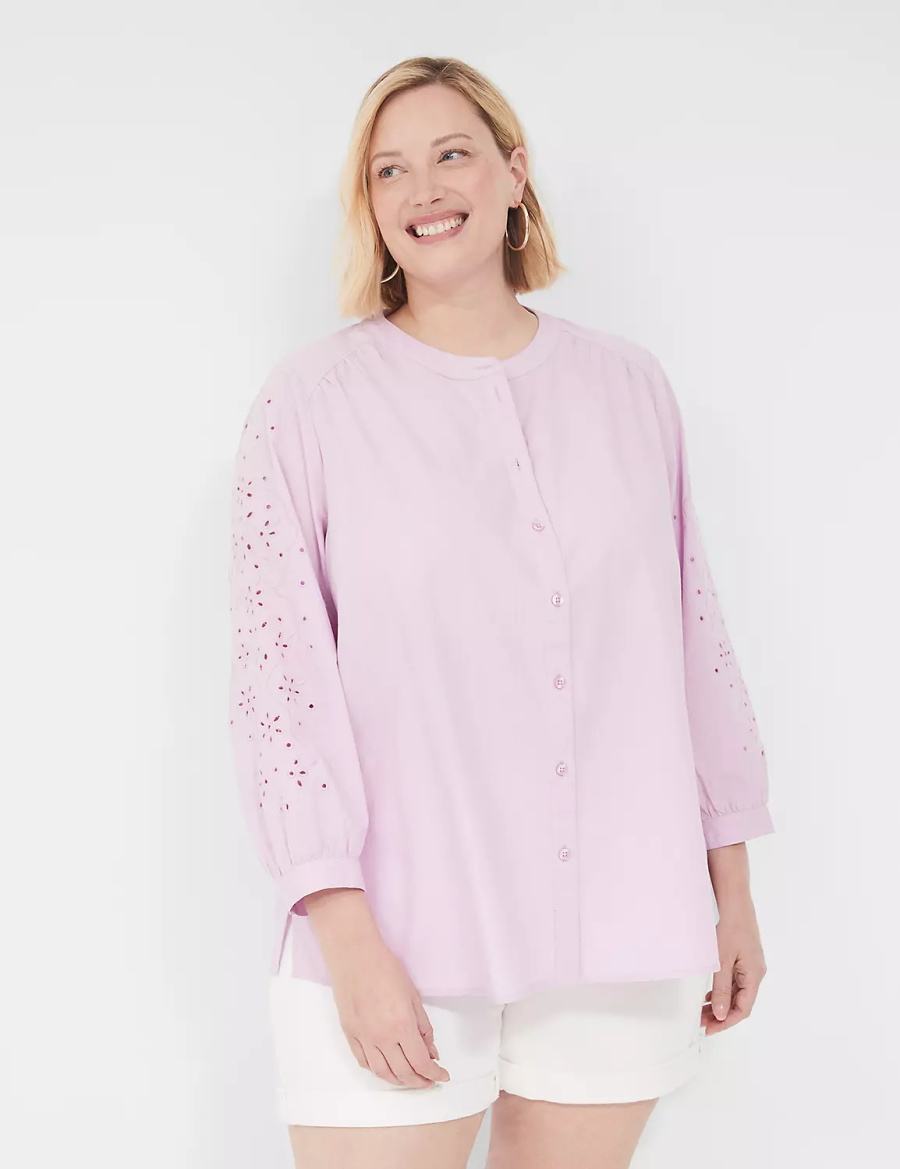 Lane Bryant Relaxed Eyelet-Sleeve Button-Front Women Blouse Purple | HDW2755ZE