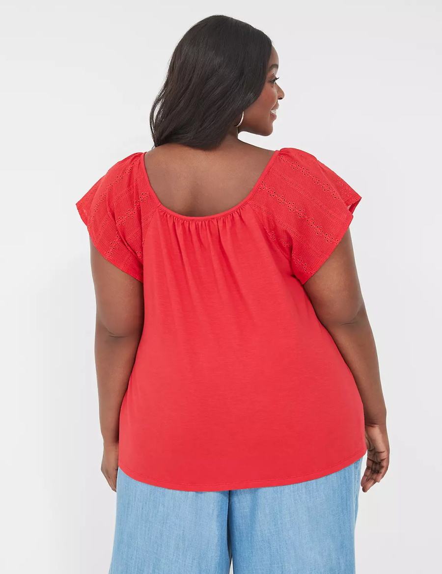 Lane Bryant Relaxed Eyelet-Sleeve Smocked-Neck Top Women T Shirts Red | GFO8622UP