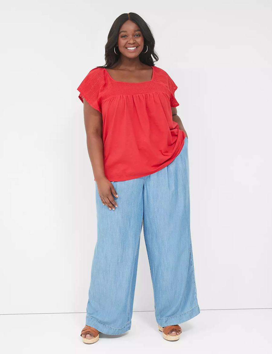 Lane Bryant Relaxed Eyelet-Sleeve Smocked-Neck Top Women T Shirts Red | GFO8622UP