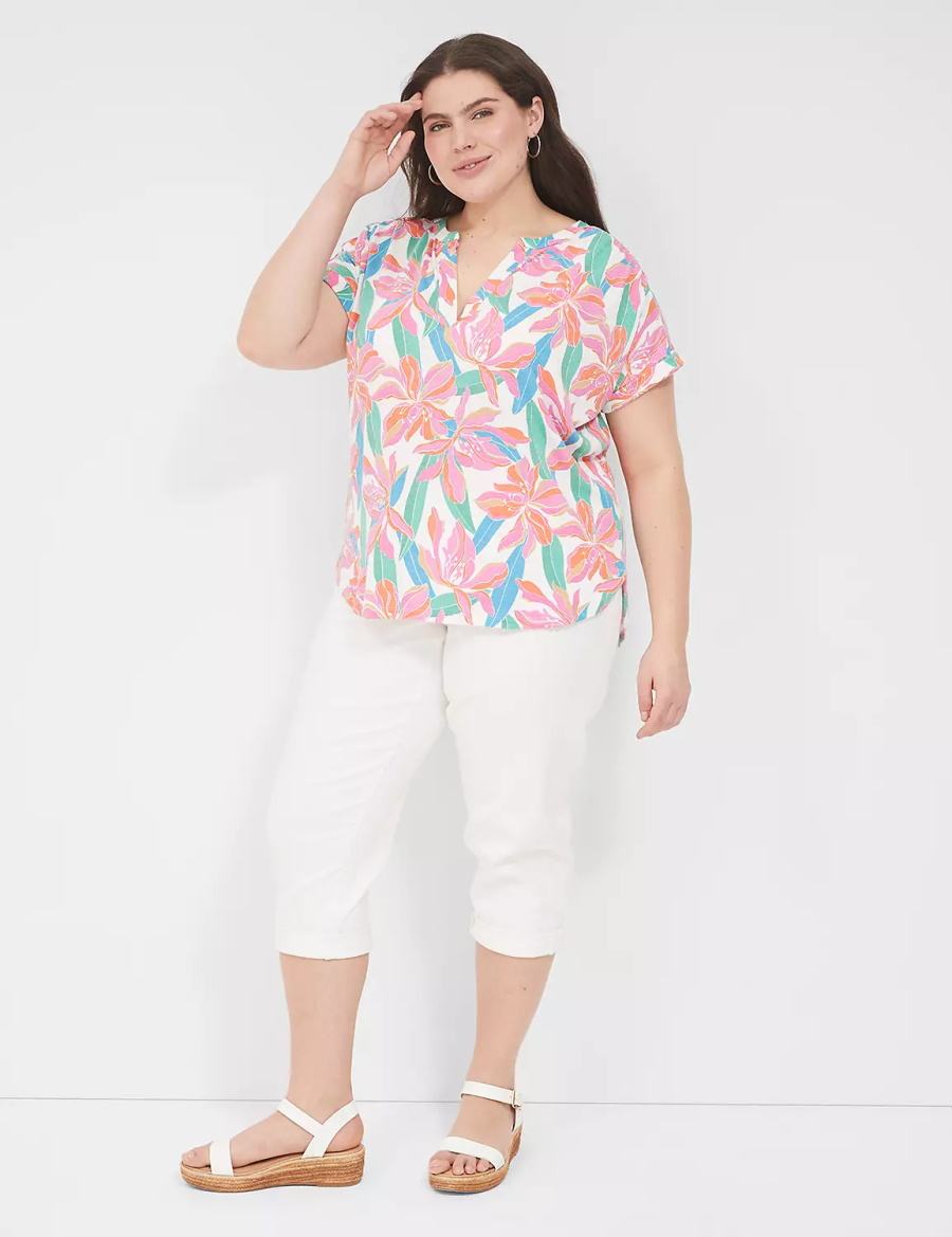 Lane Bryant Relaxed Gauze Notch-Neck Women Shirts Pink Blue | YSH405WE