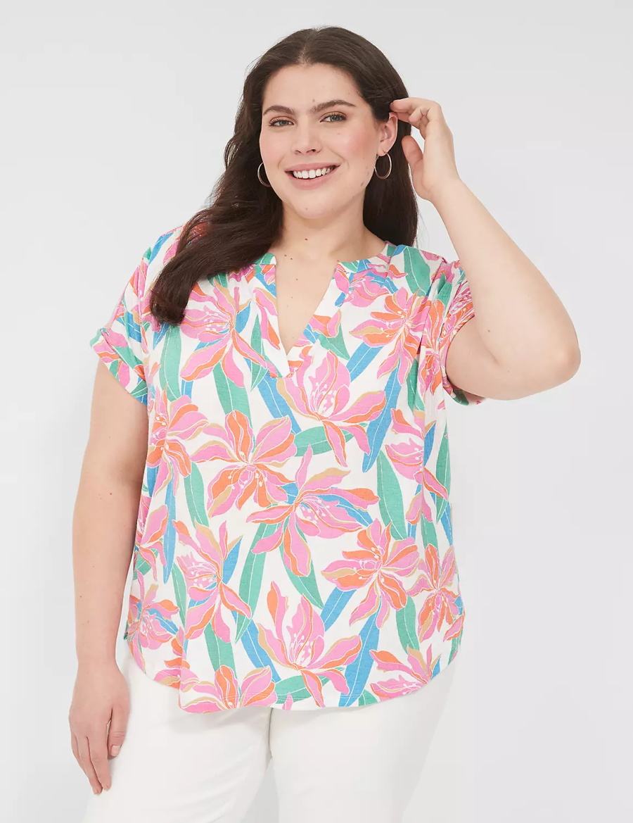 Lane Bryant Relaxed Gauze Notch-Neck Women Shirts Pink Blue | YSH405WE