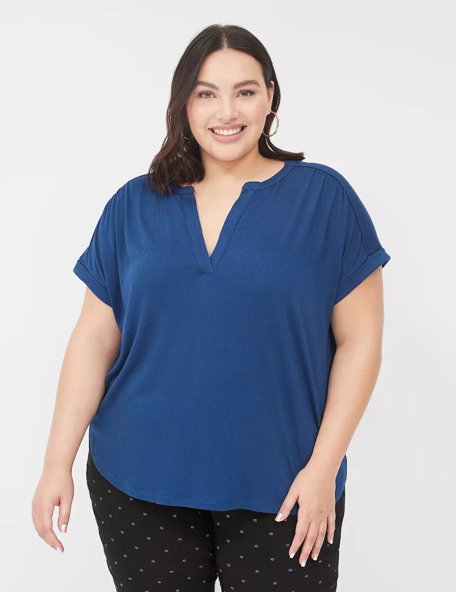 Lane Bryant Relaxed Gauze Notch-Neck Women Shirts Dark Blue | ZRB8030JP