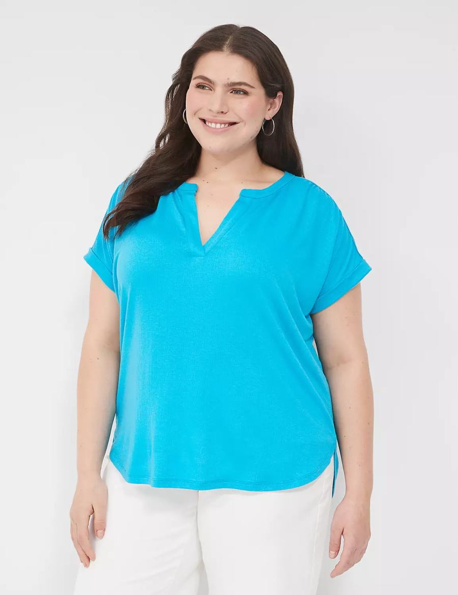 Lane Bryant Relaxed Gauze Notch-Neck Women Shirts Blue | GTW8240RU