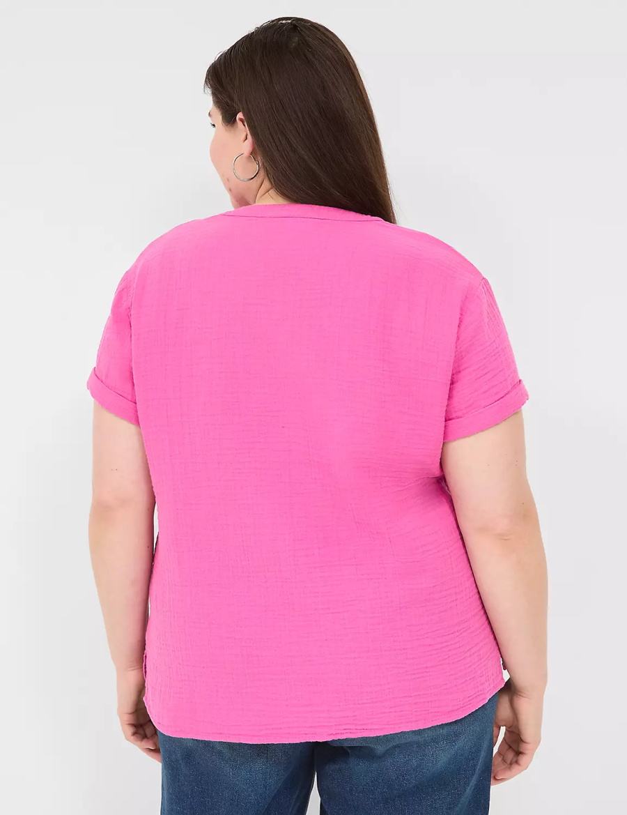 Lane Bryant Relaxed Gauze V-Neck Popover Women Shirts Fuchsia | TBE8926RT