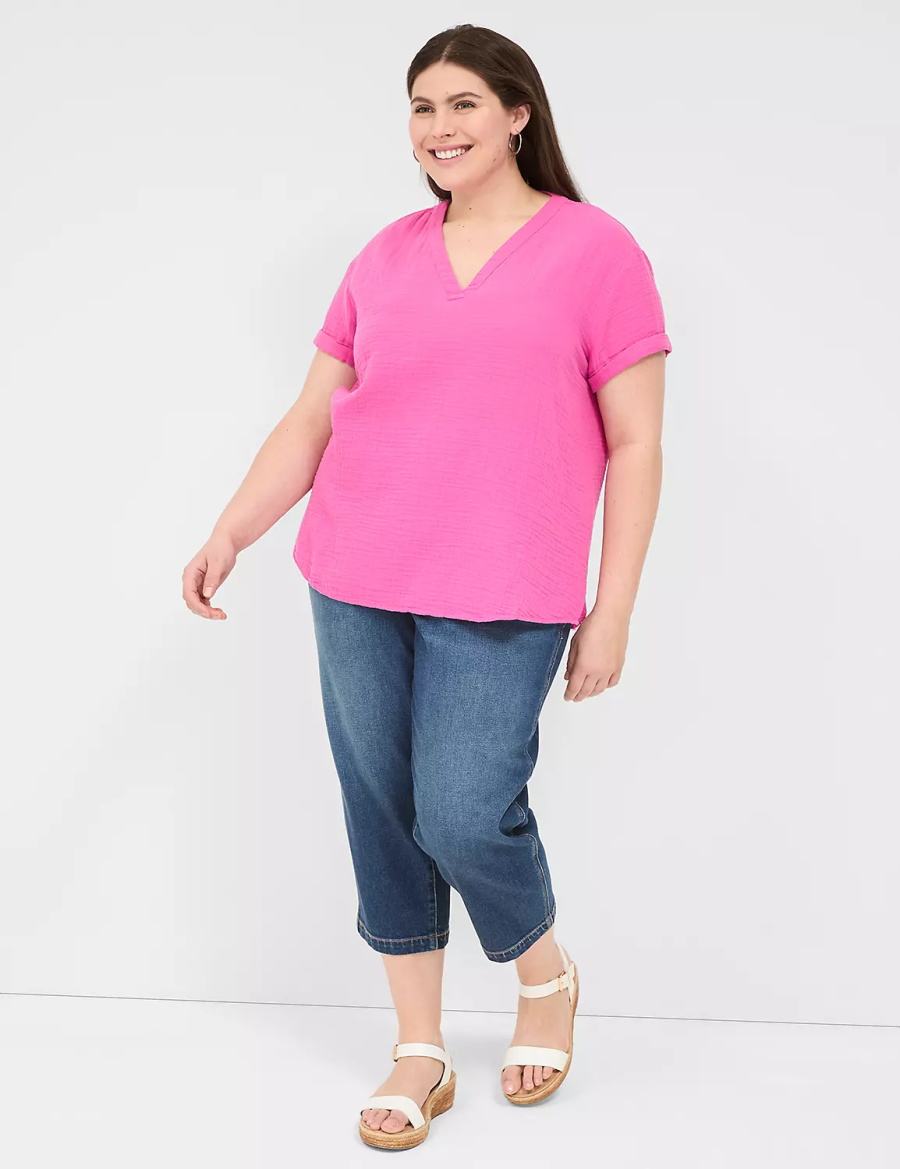 Lane Bryant Relaxed Gauze V-Neck Popover Women Shirts Fuchsia | TBE8926RT