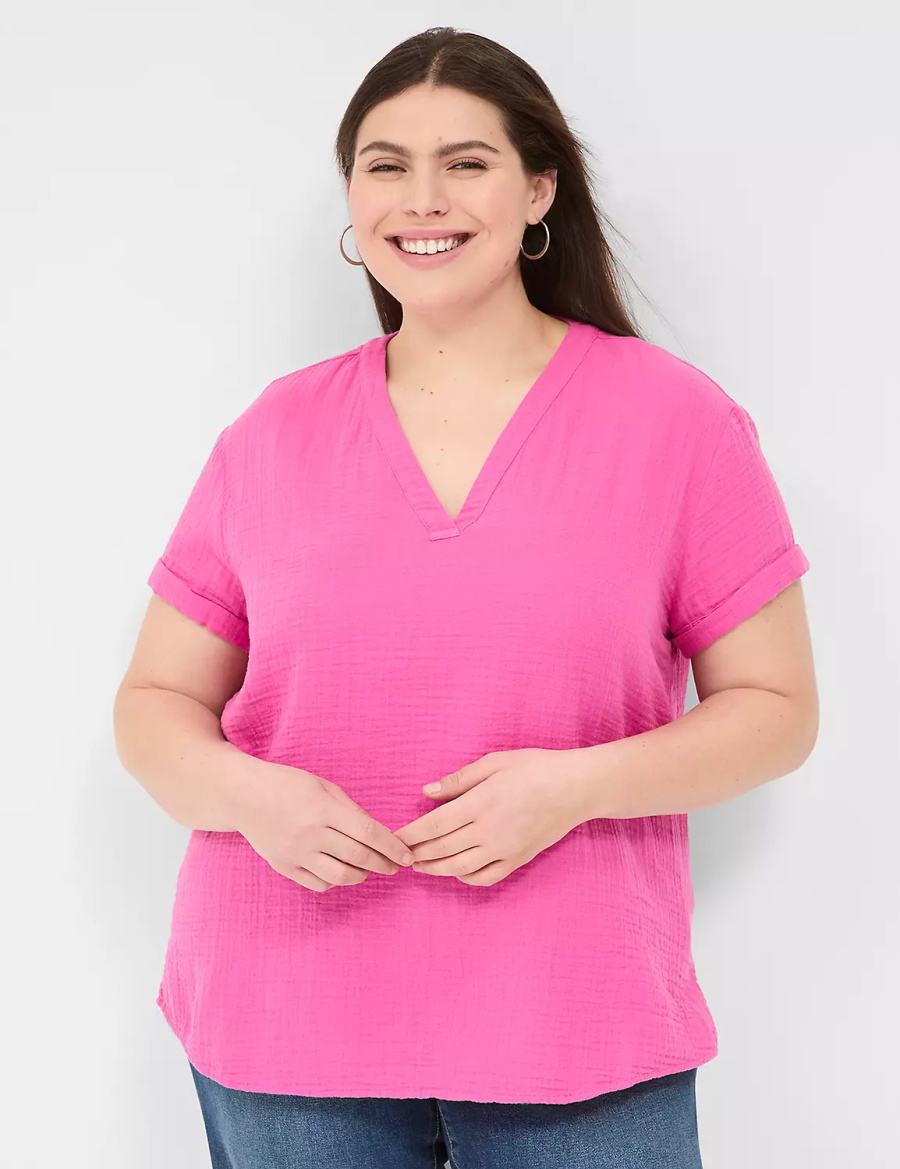 Lane Bryant Relaxed Gauze V-Neck Popover Women Shirts Fuchsia | TBE8926RT