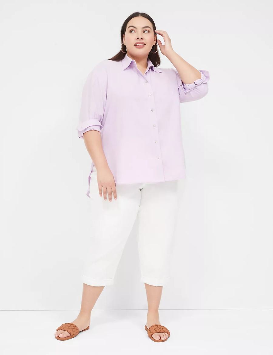 Lane Bryant Relaxed Linen Button-Down Women Shirts Purple | GQP5434AF