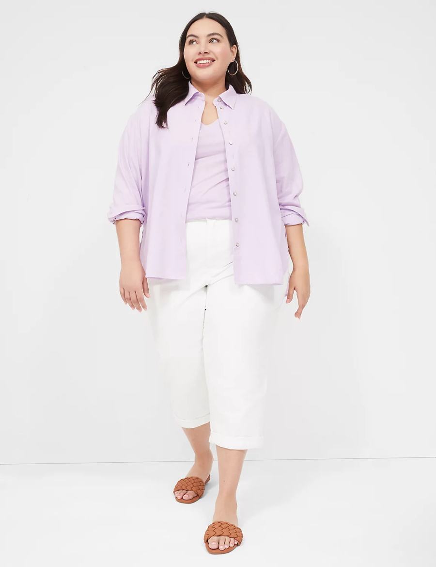 Lane Bryant Relaxed Linen Button-Down Women Shirts Purple | GQP5434AF