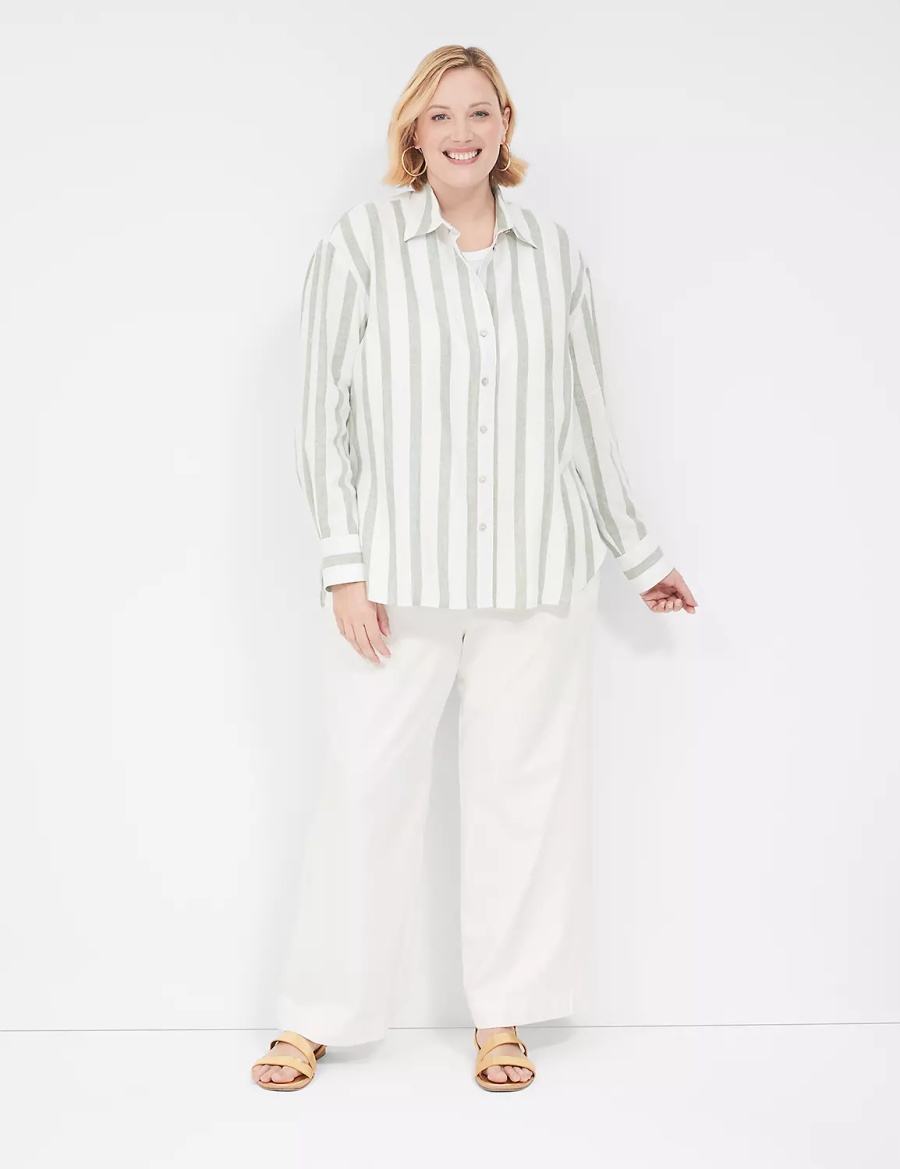 Lane Bryant Relaxed Linen Button-Down Women Shirts Olive Stripes | QUE9711IR