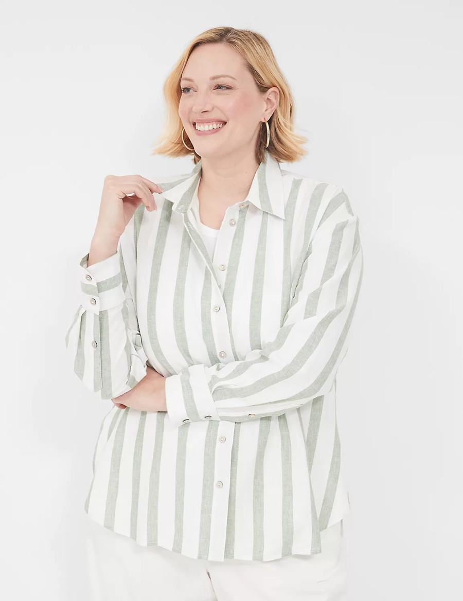 Lane Bryant Relaxed Linen Button-Down Women Shirts Olive Stripes | QUE9711IR