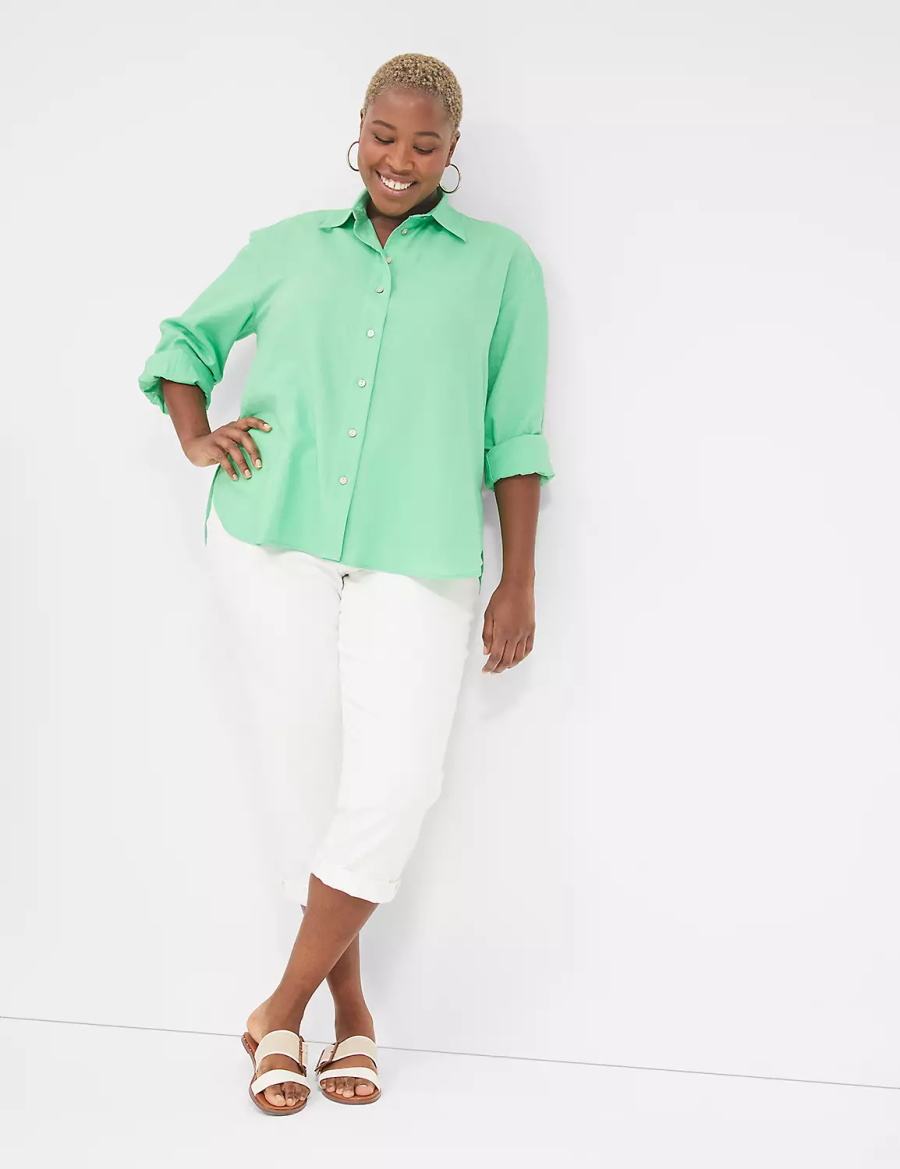 Lane Bryant Relaxed Linen Button-Down Women Shirts Light Green | KWD4488VM