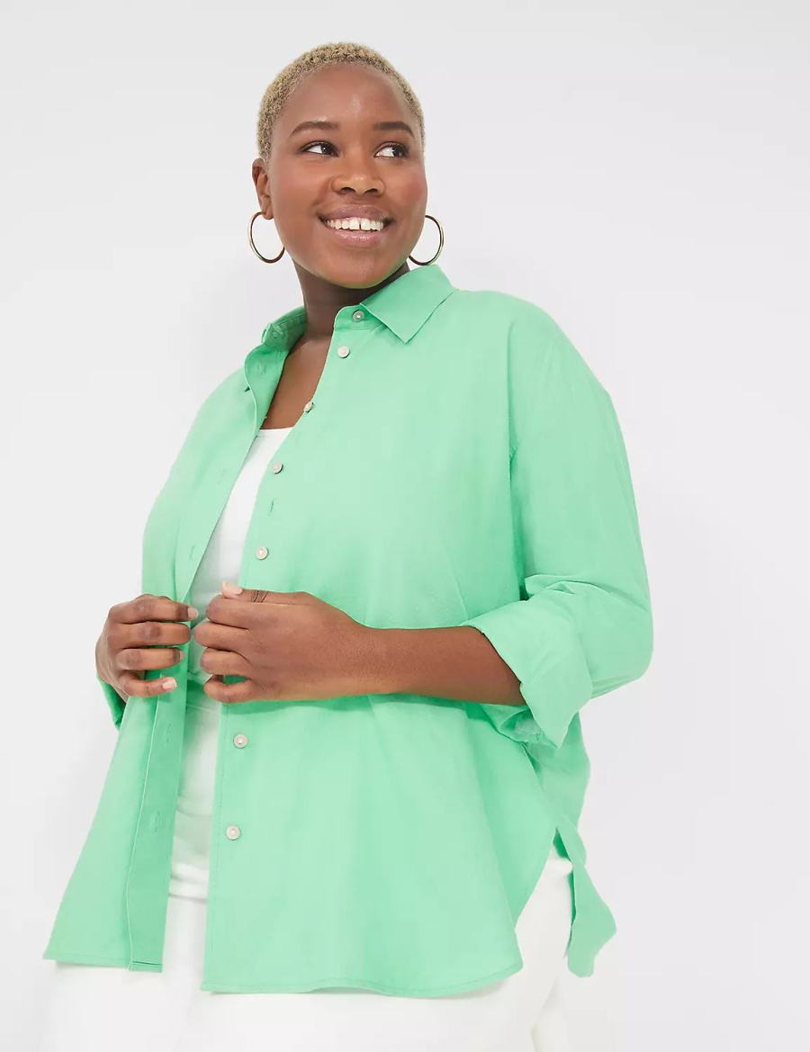 Lane Bryant Relaxed Linen Button-Down Women Shirts Light Green | KWD4488VM