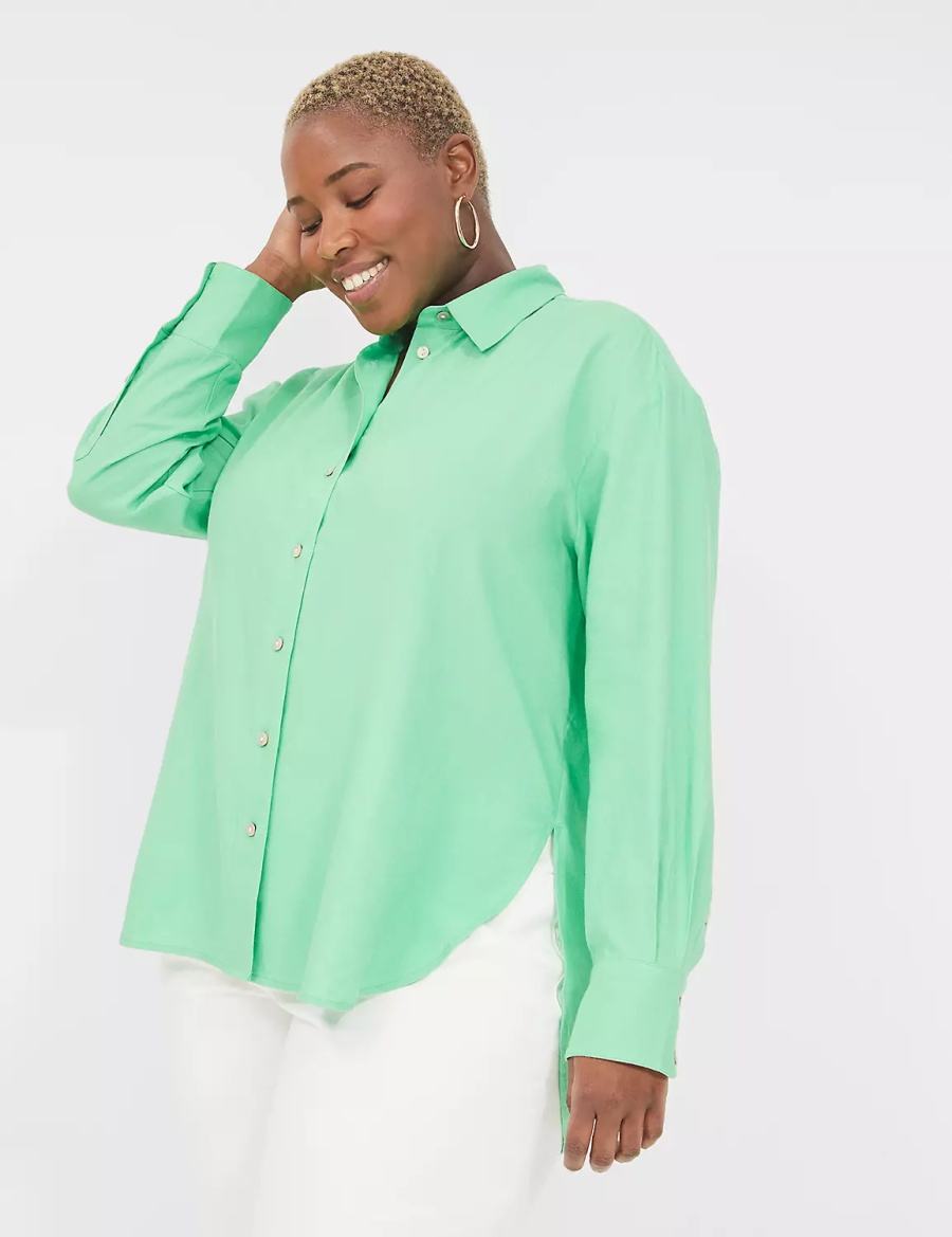 Lane Bryant Relaxed Linen Button-Down Women Shirts Light Green | KWD4488VM