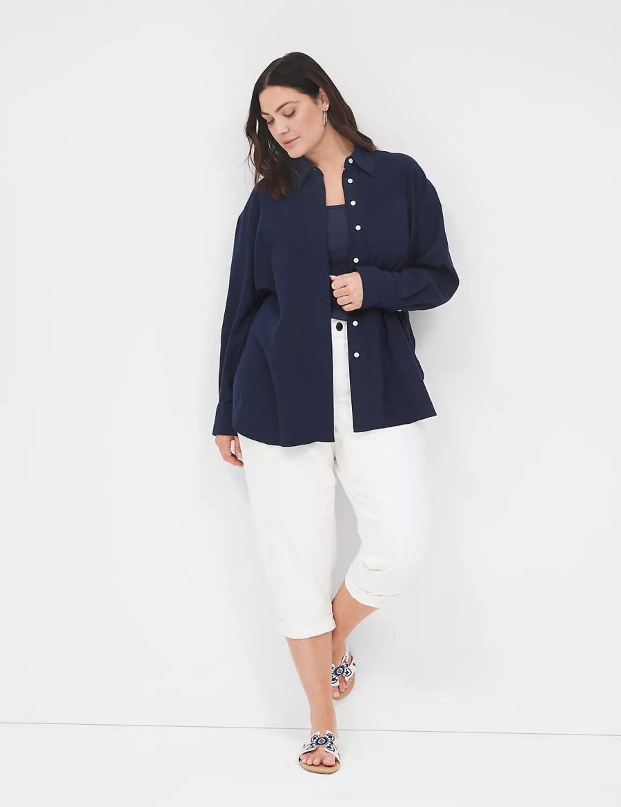 Lane Bryant Relaxed Linen Button-Down Women Shirts Blue | YTV2174SM