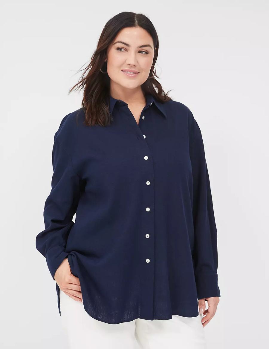 Lane Bryant Relaxed Linen Button-Down Women Shirts Blue | YTV2174SM