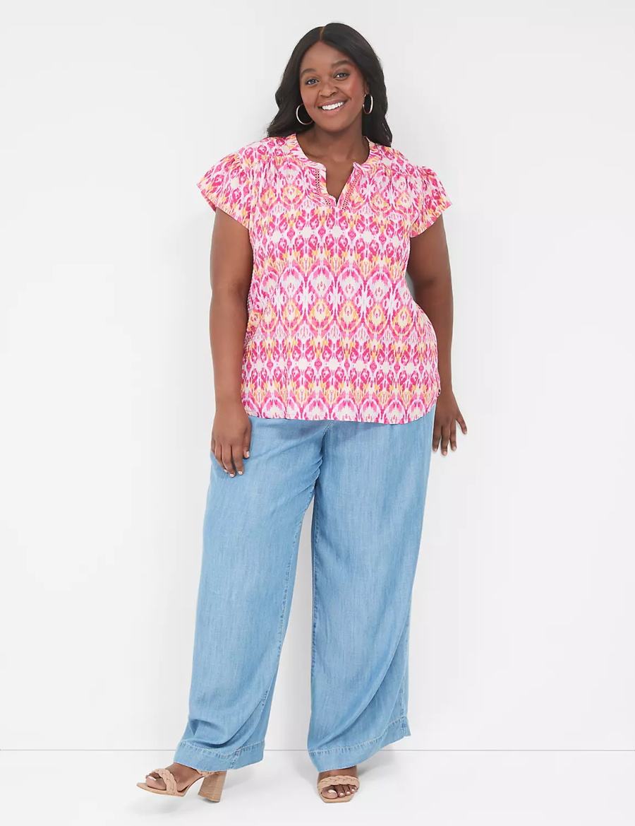 Lane Bryant Relaxed Notch-Neck Woven & Knit Top Women T Shirts Pink | IUE9230OQ