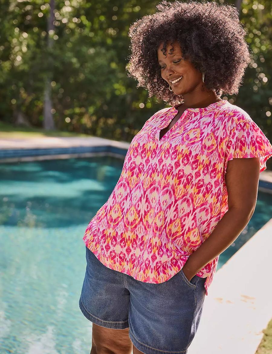 Lane Bryant Relaxed Notch-Neck Woven & Knit Top Women T Shirts Pink | IUE9230OQ