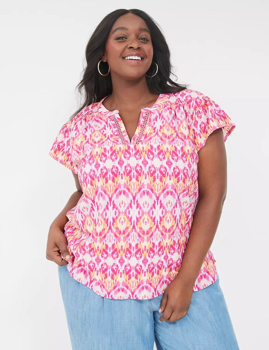 Lane Bryant Relaxed Notch-Neck Woven & Knit Top Women T Shirts Pink | IUE9230OQ