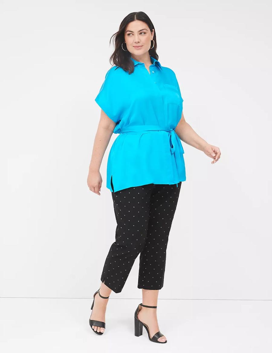 Lane Bryant Relaxed Satin Dolman-Sleeve Button-Front Tunic Women Shirts Blue | XHT1874MC