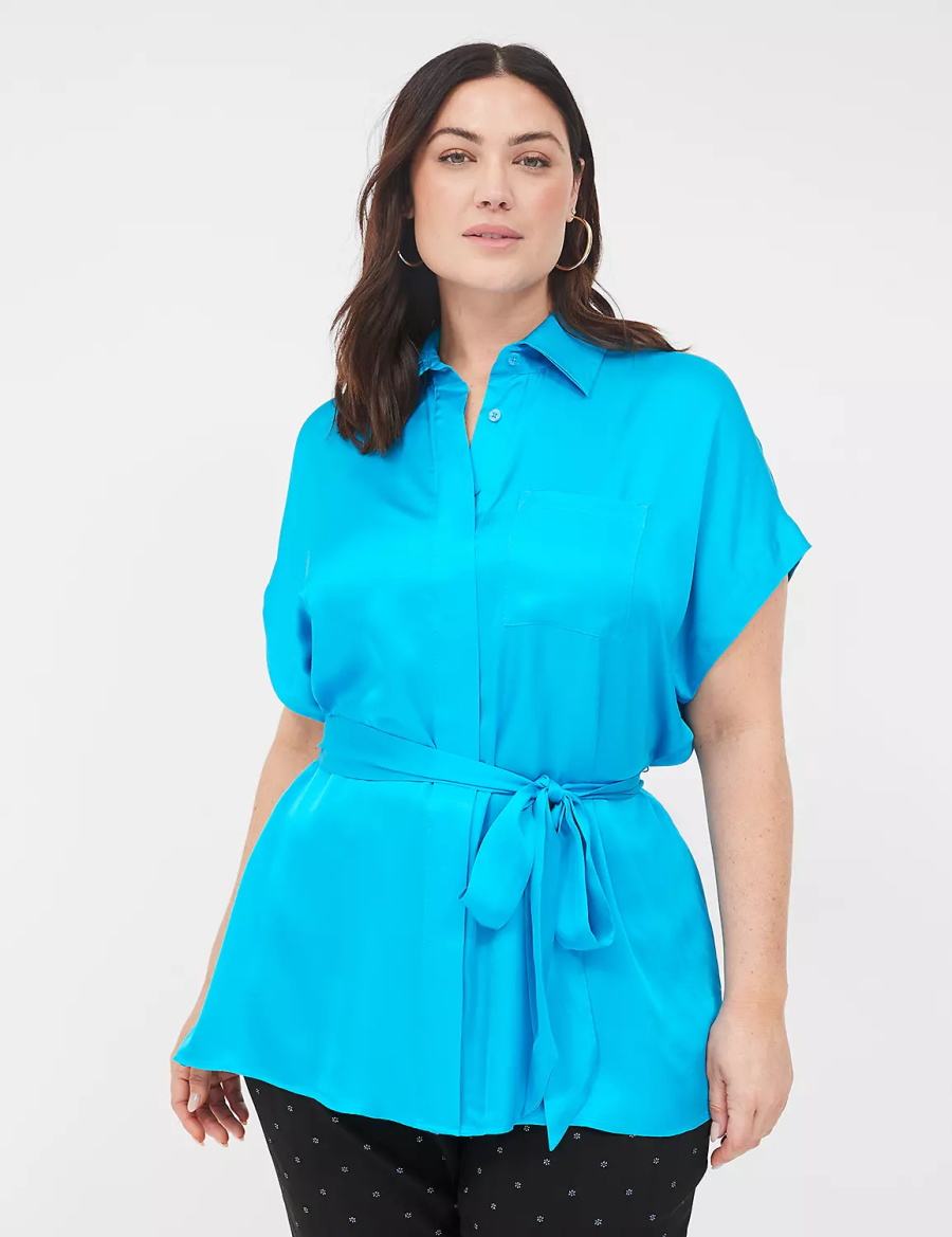 Lane Bryant Relaxed Satin Dolman-Sleeve Button-Front Tunic Women Shirts Blue | XHT1874MC