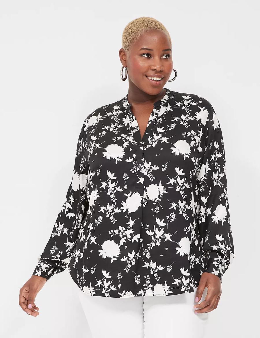 Lane Bryant Relaxed Satin Split-Neck Popover Women Shirts Black | BWX4450OH