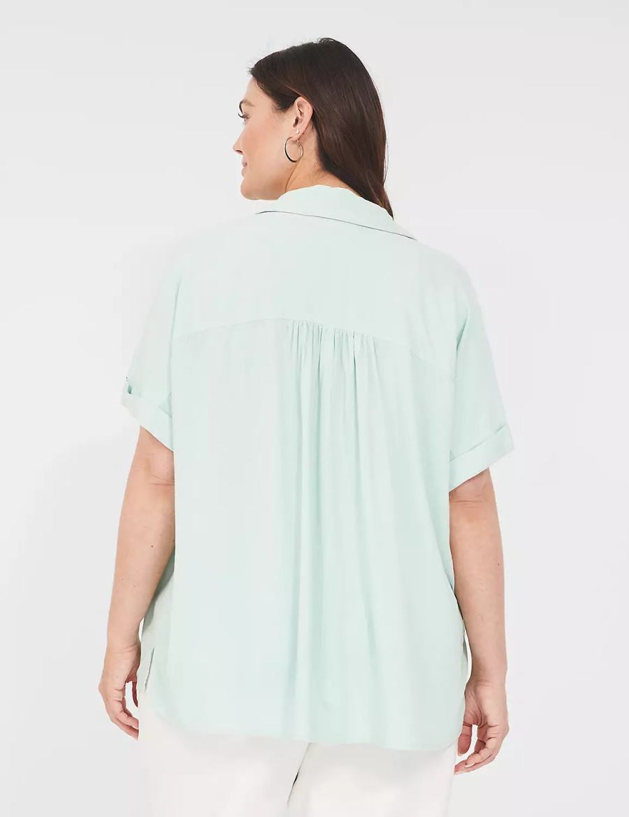 Lane Bryant Relaxed Short-Sleeve Button-Front Women Shirts Blue | HIK775ZM