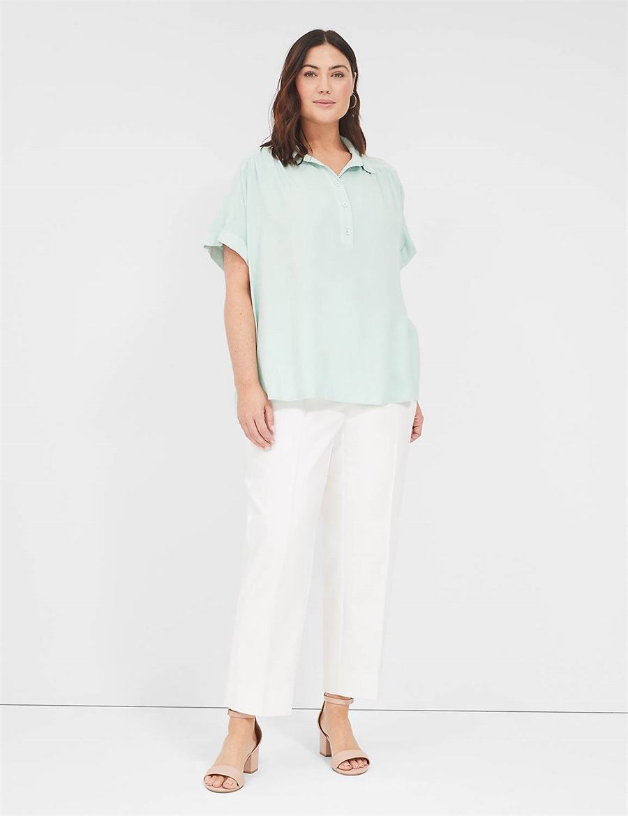 Lane Bryant Relaxed Short-Sleeve Button-Front Women Shirts Blue | HIK775ZM