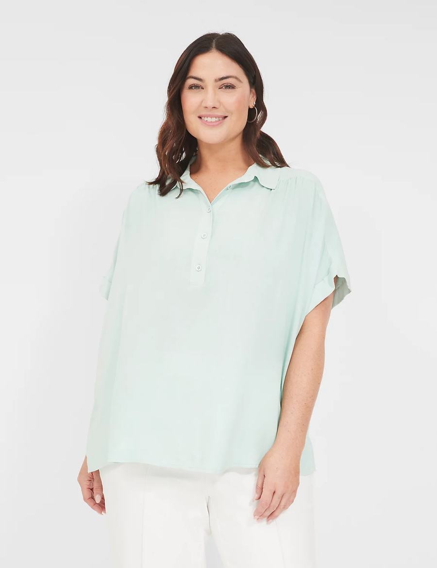 Lane Bryant Relaxed Short-Sleeve Button-Front Women Shirts Blue | HIK775ZM