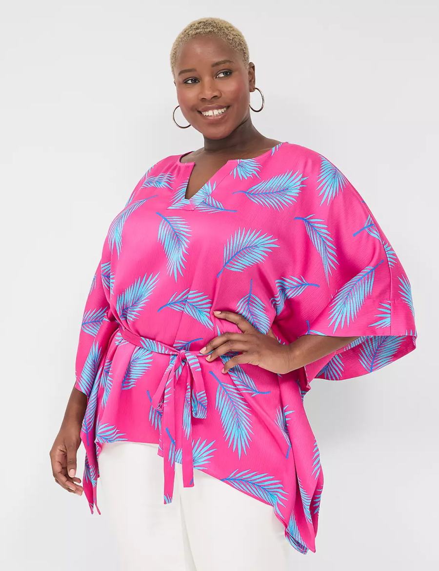 Lane Bryant Relaxed Split-Neck Kimono Top Women Blouse Pink Blue | JNR4061XF