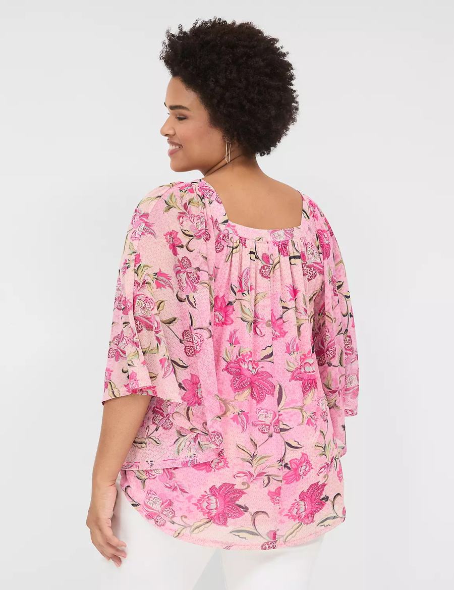 Lane Bryant Relaxed Square-Neck Trimmed Circle Drama Top Women Blouse Pink | USV6086PD