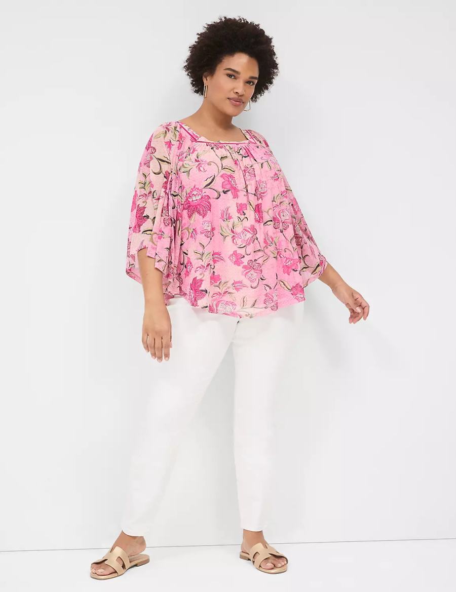 Lane Bryant Relaxed Square-Neck Trimmed Circle Drama Top Women Blouse Pink | USV6086PD