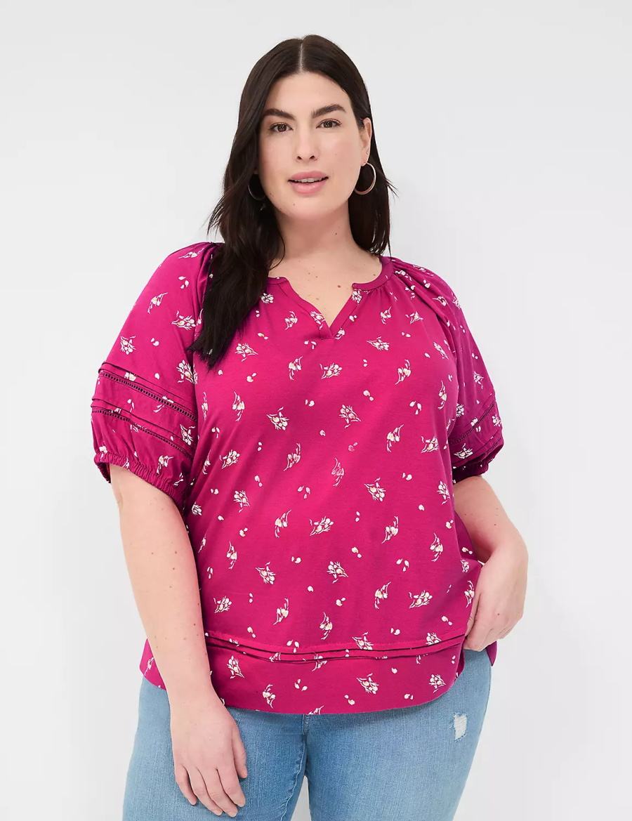 Lane Bryant Relaxed V-Neck Knit & Woven Top Women T Shirts Pink | VEO831JJ